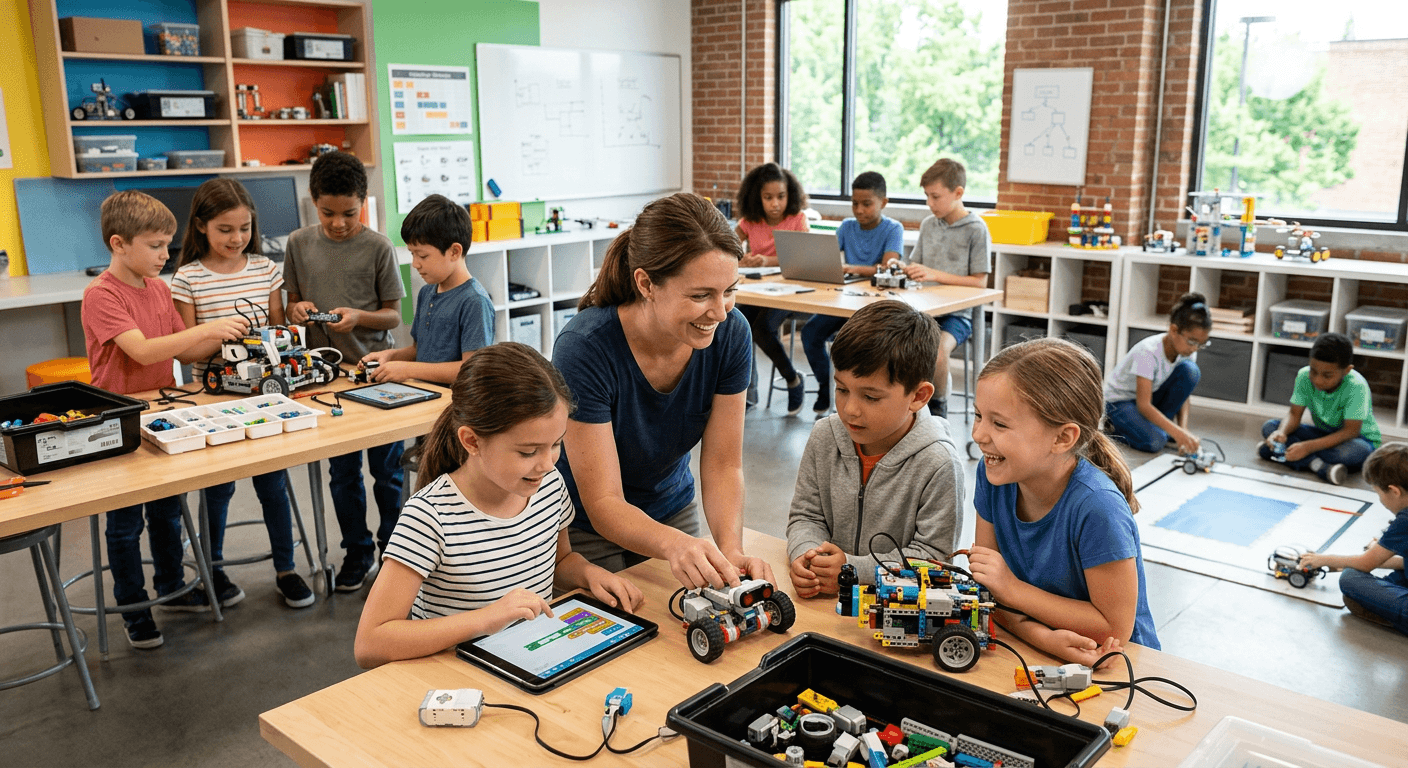 Kids building a robot at Maggie Magoo's® afterschool program